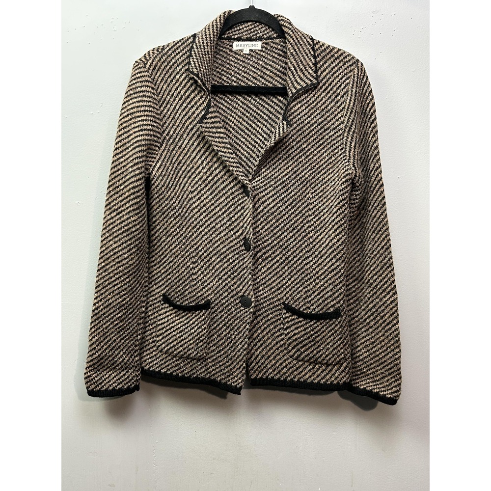 Maryline Knit Blazer Womens Medium Tan Black Diagonal Stripe Wool Blend Italy